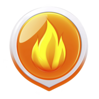 Vibrant orange and yellow flame icon with glossy finish, encased in silver border, symbolizing energy and warmth. design is modern and eye catching png