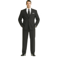 Man in formal black suit stands confidently with hands in pockets, wearing white shirt and black tie. attire is complemented by polished black shoes, exuding elegance png