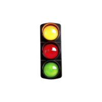 Traffic light with illuminated yellow, red, and green lights, used for controlling vehicle and pedestrian traffic at intersections. lights are arranged vertically in black casing png