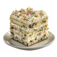 Slice of colorful layered cake with creamy frosting and sprinkles sits on white plate, showcasing festive and delicious dessert png