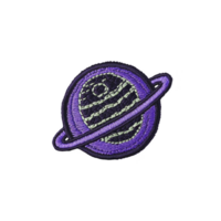 Vibrant embroidered patch features purple planet with ring, resembling Saturn, set against transparency background. intricate stitching adds texture and depth to celestial design png