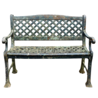 Weathered metal bench with lattice backrest and seat, showing signs of rust and age, stands isolated on transparency background. vintage design evokes sense of nostalgia png