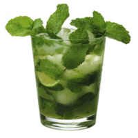 Refreshing mojito cocktail with fresh mint leaves, lime wedges, and ice cubes in clear glass. vibrant green color and condensation on glass suggest cool, invigorating drink png