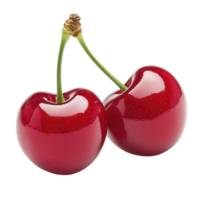 Two vibrant red cherries with stems are connected, showcasing their glossy texture and fresh appearance. cherries are isolated transparency background, highlighting their rich color and natural png