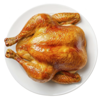 Golden roasted chicken on white plate, showcasing crispy skin and juicy texture, perfect for festive meal or family dinner. appetizing aroma enhances dining experience png