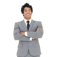 Confident man in gray suit stands with arms crossed, smiling broadly. His professional attire includes white shirt and black tie, conveying sense of success and positivity png