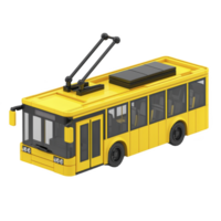Yellow toy trolleybus with black details and overhead wires, designed in blocky, geometric style, is shown. model features windows, doors, and wheels, capturing playful and educational essence png