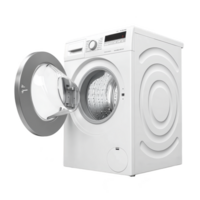 Modern white front loading washing machine with open door, showcasing its stainless steel drum. appliance features digital display and control panel, designed for efficient laundry care png