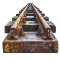 Rusty, weathered railway track stretches into distance, showcasing texture and decay of metal and wood. perspective emphasizes linearity and depth of scene png