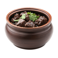 Rustic clay pot filled with rich, dark beef stew garnished with fresh cilantro, showcasing hearty and comforting meal. stew glossy texture and vibrant herbs add appetizing touch png
