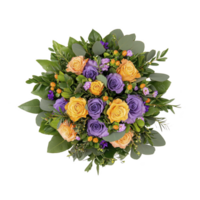 Vibrant bouquet of yellow and purple roses is surrounded by lush green leaves and small orange berries, creating lively and colorful floral arrangement png
