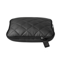 Sleek black quilted pouch with zipper and small tag, perfect for organizing accessories or travel essentials. elegant design adds touch of sophistication to any collection png