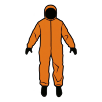 Illustration of orange hazmat suit with hood and gloves, designed for protection in hazardous environments. suit is fully enclosed, emphasizing safety and security png