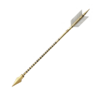 Golden arrow with detailed shaft and white fletching, showcasing intricate craftsmanship and elegance. arrowhead is pointed and metallic, adding to its striking appearance png