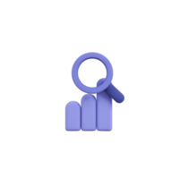 3D illustration of purple magnifying glass over bar chart symbolizes data analysis and research. design is modern and minimalistic, conveying sense of clarity and focus png