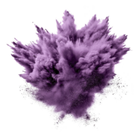 Vibrant explosion of purple powder creates dynamic and energetic visual effect, with particles dispersing in all directions against transparent background png