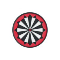 Round dartboard with geometric black and white pattern is set against red background, creating striking visual contrast. design is symmetrical and eye catching png