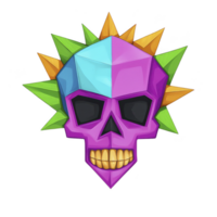 Vibrant geometric skull with colorful spikes radiates playful yet edgy vibe, featuring shades of purple, blue, and green. design is bold and modern, perfect for digital art enthusiasts png