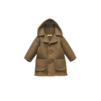 Cozy brown wool coat with hood and large buttons, featuring two front pockets and warm lining, perfect for cold weather png