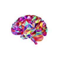Vibrant, geometric brain illustration with colorful polygonal shapes, symbolizing creativity and intelligence. abstract design is visually striking and modern png