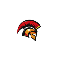 Stylized Spartan helmet logo features bold red and gold colors, symbolizing strength and valor. design includes prominent crest and intricate details, conveying sense of power png