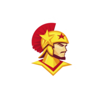 Stylized illustration of warrior in golden helmet with red plume and star, showcasing bold and heroic expression. design is vibrant and dynamic png