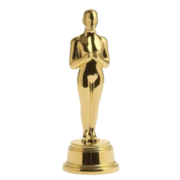 Golden statuette stands elegantly on round base, symbolizing achievement and recognition in film industry. shiny surface reflects light, adding sense of prestige png
