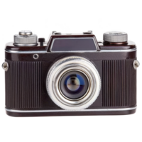 Vintage camera with classic design, featuring prominent lens and textured body, evokes nostalgia and art of photography. Its metallic details add touch of elegance png
