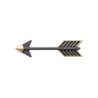 Decorative metal arrow with gold tip and feathered end, featuring rustic design. arrow is isolated on transparency background, showcasing its intricate details and craftsmanship png