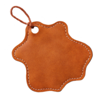 Brown leather tag with unique star shape and white stitching, featuring hole with string for attachment. texture is smooth and design is simple yet elegant png