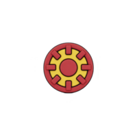 Round, colorful emblem with red outer ring and yellow center, featuring symmetrical design. bold colors and geometric pattern create striking visual effect png