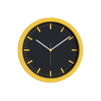 Modern wall clock with sleek black face and vibrant yellow frame, featuring minimalist hour and minute markers. clock hands are simple and elegant, adding touch of sophistication png