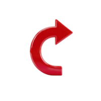 Shiny red curved arrow pointing right on transparent background, symbolizing direction or movement. glossy finish adds modern touch, making it suitable for digital interfaces png