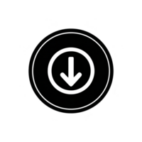 Black circular download icon with downward arrow in center, symbolizing data transfer or file saving. minimalist design is suitable for digital interfaces or applications png