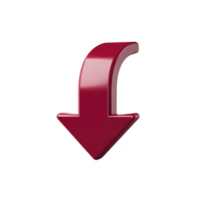 Shiny red 3D downward arrow with curved design, isolated on transparency background, symbolizing direction or navigation. arrow glossy finish adds modern touch png