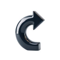 Glossy, black 3D arrow icon is depicted, curving upward and to right, symbolizing refresh or reload action. sleek design and reflective surface give it modern, digital appearance png