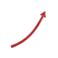 Red upward curved arrow on transparent background symbolizes growth or progress. arrow is sleek and glossy, pointing diagonally upwards, often used in presentations or infographics png