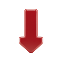 Shiny red 3D arrow pointing downward on transparent background, symbolizing direction or decrease. glossy finish adds modern touch, making it suitable for digital interfaces or presentations png