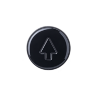 Glossy black circular button with upward arrow symbol in center, representing upload or navigation. sleek design and reflective surface give it modern and tech savvy appearance png