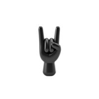 Black 3D hand sculpture displays rock on gesture, symbolizing enthusiasm and energy. glossy finish adds modern touch, making it striking decorative piece png