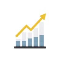 3D bar chart with yellow upward arrow represents growth and success in business analytics. bars are blue and white, indicating data progression png