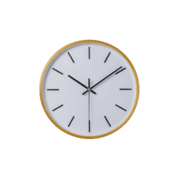 Minimalist wall clock with gold frame and black hands on white face, displaying simple and elegant design. clock is set against plain background png
