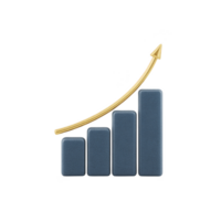 3D bar chart with four ascending blue bars and gold arrow curving upward symbolizes growth and success in business or finance. design is sleek and modern png