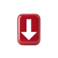 Glossy red button with white downward arrow symbol, representing download or decrease, is isolated on transparency background. button has modern, sleek design png