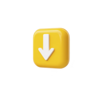 3D yellow square icon with white downward arrow in center, symbolizing download or navigation. glossy finish gives it modern and sleek appearance png