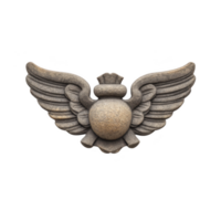 Stone sculpture of winged emblem with central circular element and intricate details, evoking sense of ancient artistry and craftsmanship png
