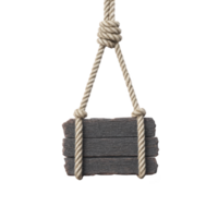 Rustic wooden sign hangs from thick, knotted rope, evoking sense of vintage charm and simplicity. dark wood planks are bound together, creating blank canvas for personalized messages png