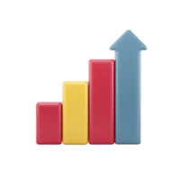 Colorful 3D bar graph with ascending bars in red, yellow, and blue, symbolizing growth and progress. tallest bar is shaped like arrow pointing upwards, indicating positive trends png