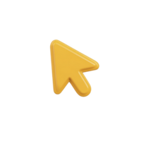 3D yellow arrow cursor icon on transparency background, symbolizing navigation or selection in digital interfaces. arrow is stylized and glossy, giving it modern and playful appearance png