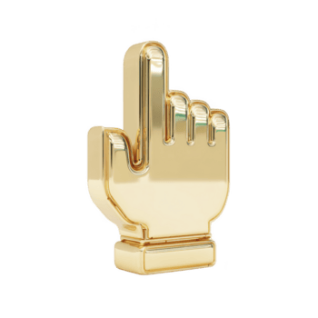 Shiny golden hand icon pointing upwards symbolizes direction or selection, often used in digital interfaces or design elements. Its metallic finish adds luxurious and modern touch png